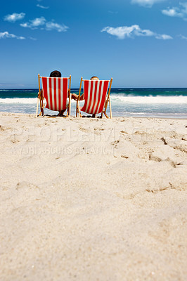 Buy stock photo Back view, chair or couple at sea with space to relax on vacation, valentines day or holiday. Tropical, mockup or people at ocean for bonding together at beach on romantic trip on island in Greece 