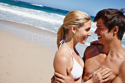 Buy stock photo Couple, smile and love at beach for travel, bonding and tropical holiday with connection by water. Man, woman and romance outdoor for date, trip and vacation with sunshine, relax or ocean in Thailand