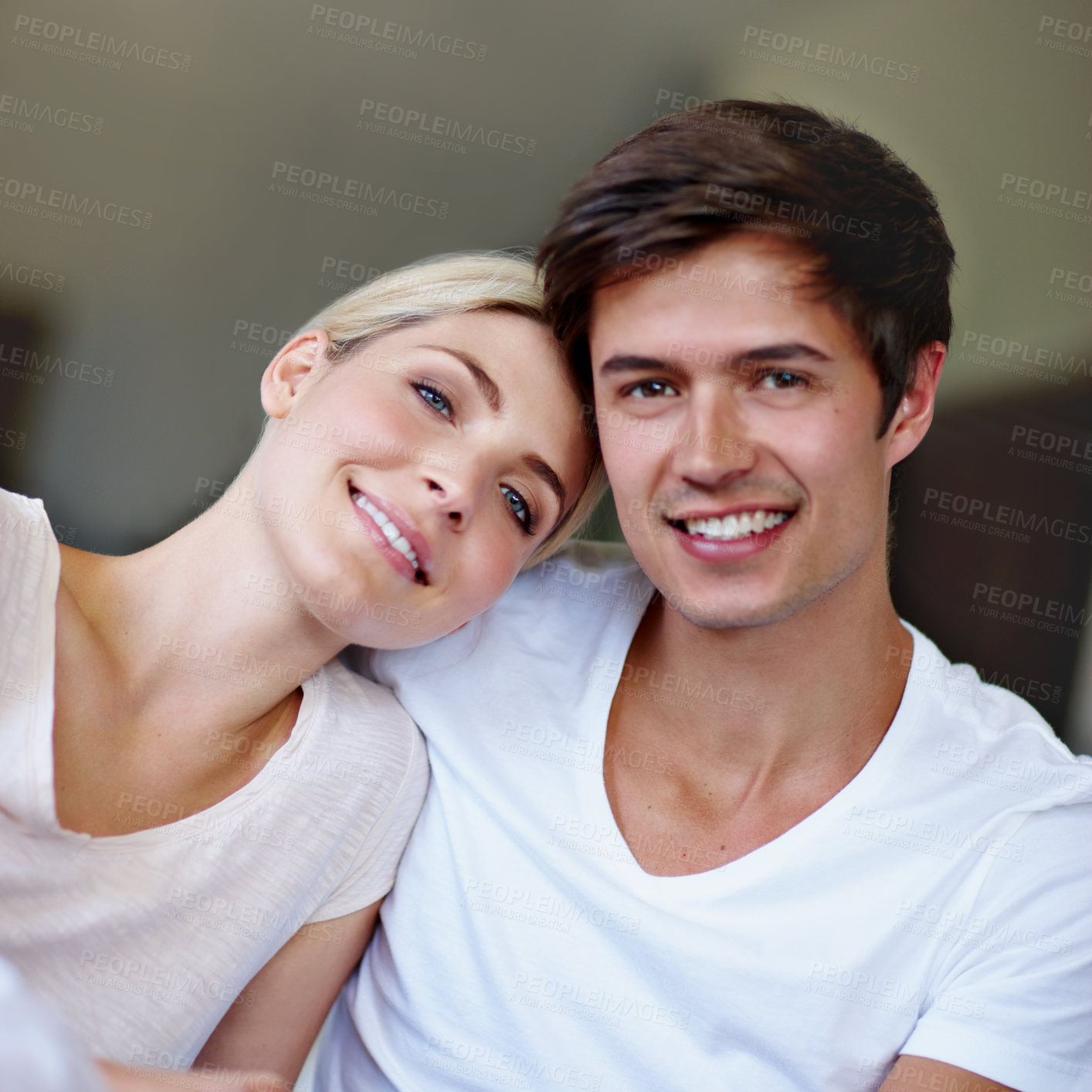 Buy stock photo Home, couple and portrait with love for affection, happiness and bonding together in healthy relationship. House, man and woman with trust embrace for security, connection and commitment in dating