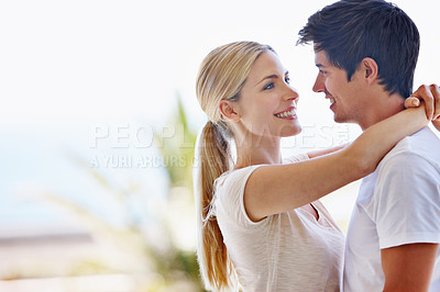 Buy stock photo Balcony, couple and love with hug for connection, bonding and commitment with lovers in relationship. Outside, man and woman with smile for dating, support and romantic with trust embrace on vacation