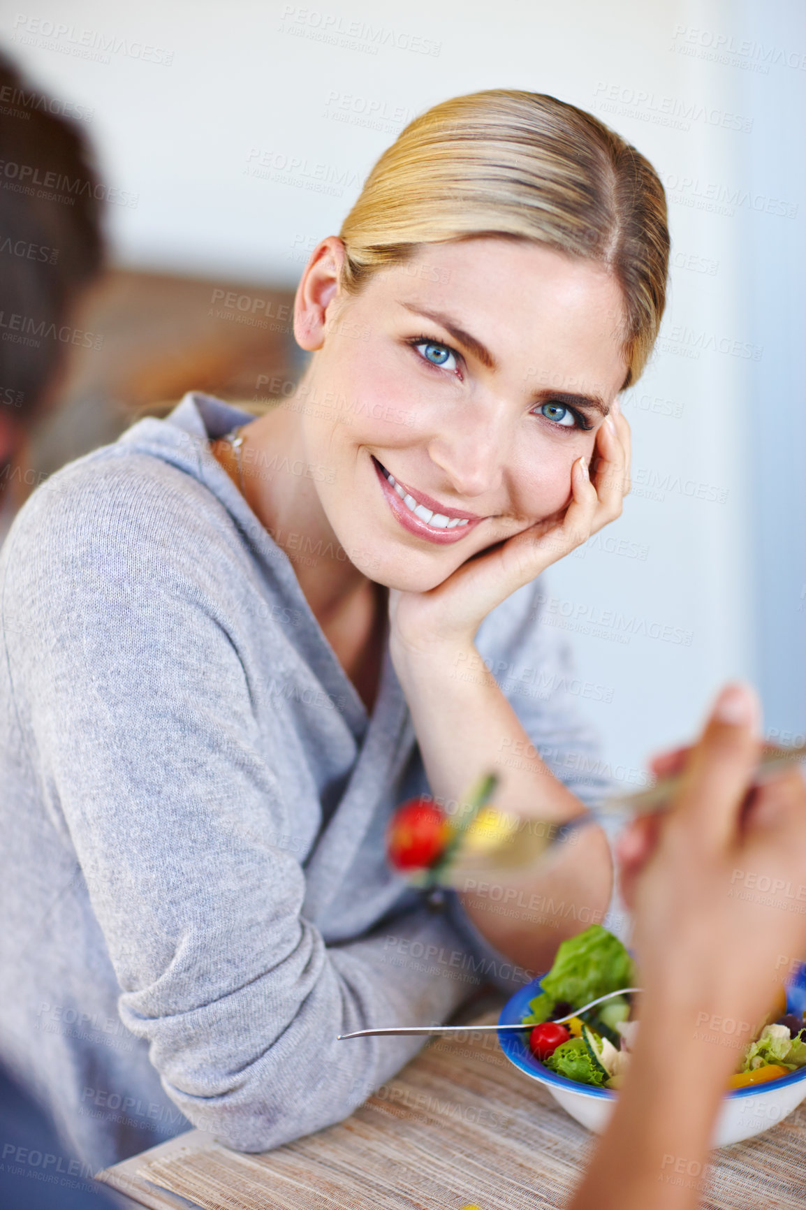 Buy stock photo Salad, couple and home with woman portrait with diet, wellness and health food at dining room table. Conversation, eating and love of people together with vegetables and lunch with care and bonding