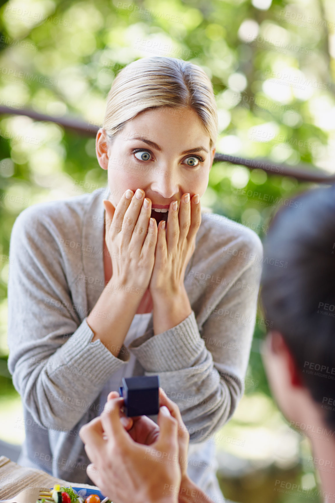 Buy stock photo Woman, surprise and couple with ring in proposal for commitment, future and engagement question. Shock, romance and boyfriend with jewellery in box for offer, conversation and asking for marriage