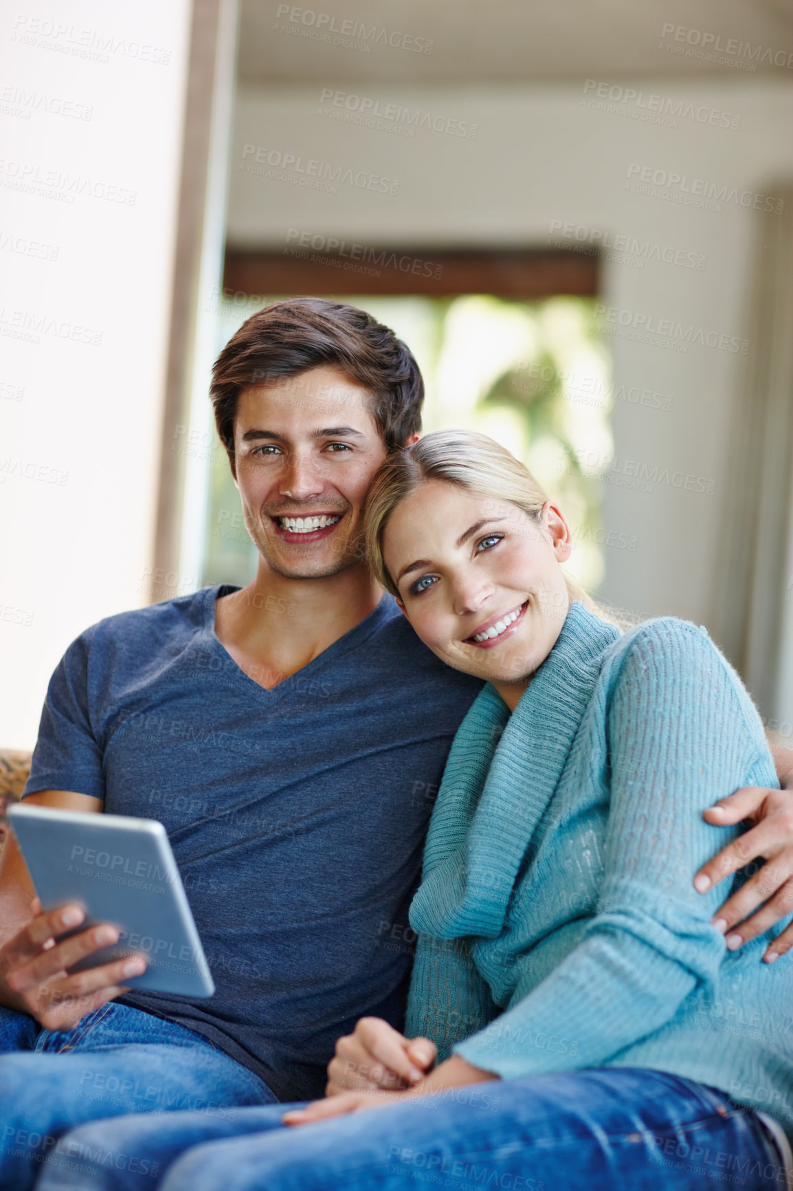 Buy stock photo House, love and couple with portrait, tablet and internet with connection, website info and social media. Apartment, relax or man with woman on sofa, tech or digital app with relationship at home