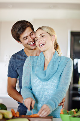 Buy stock photo Couple, kitchen counter and happy with vegetables for thanksgiving dinner or meal. People, relationship and smile or laughing at home with food preparation on bonding, support and trust for care