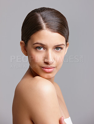 Buy stock photo Portrait, beauty and woman with cosmetics, texture and dermatology on gray studio background. Face, person and model with skincare, aesthetic and shine with natural glow, healthy skin and wellness