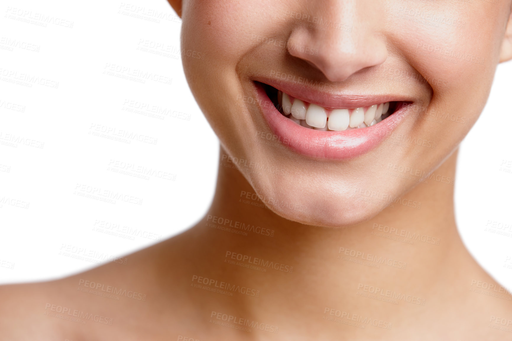 Buy stock photo Teeth, mouth and smile of woman with beauty, dental care and hygiene on white studio background. Happy model, lips and closeup of tooth, oral wellness or healthy skin treatment results with cosmetics