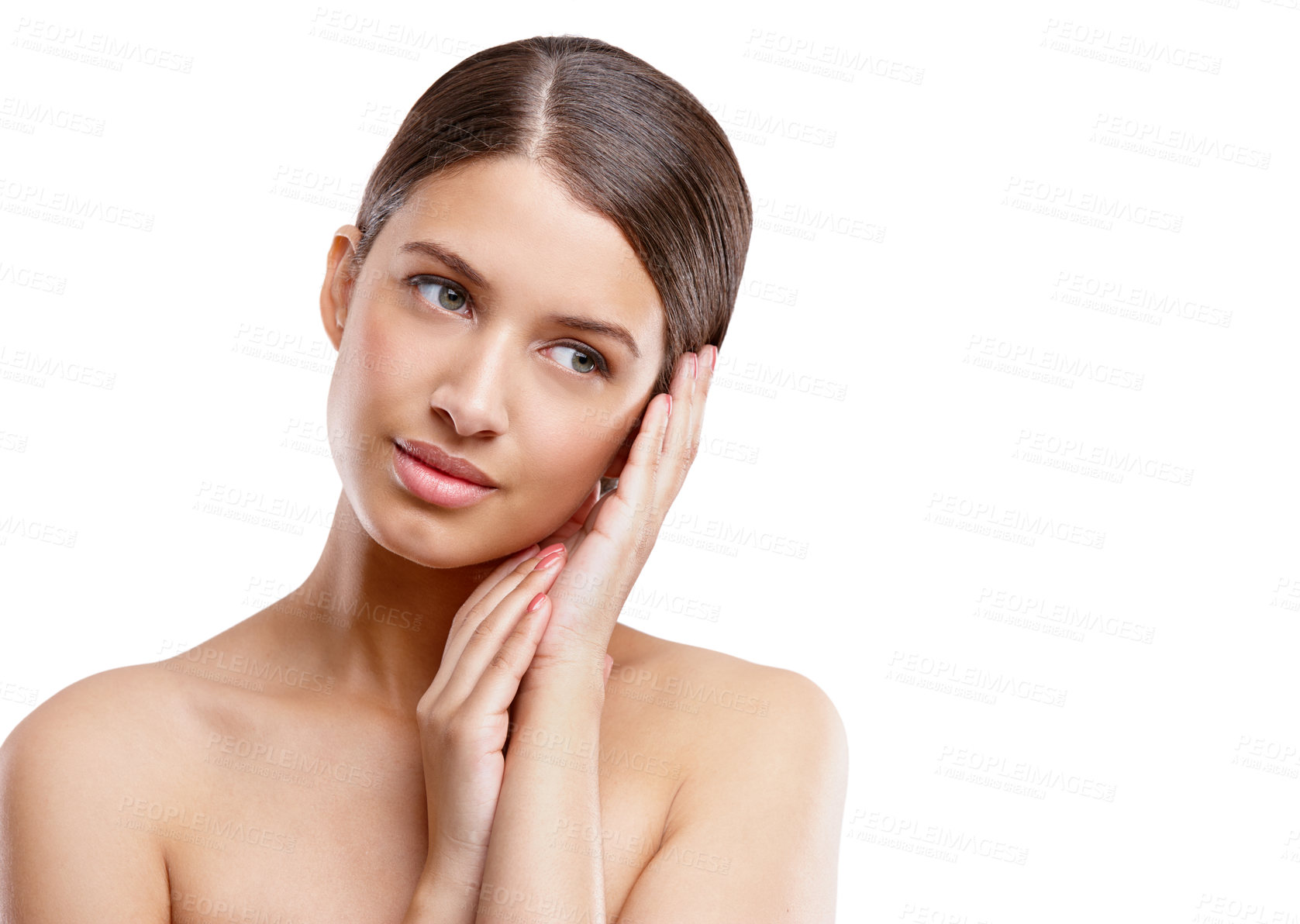 Buy stock photo Studio shot of a young woman with beautiful skin posing against a white background