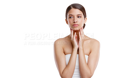 Buy stock photo Natural, beauty and woman in studio with skincare, space and thinking with soft texture on mockup. Dermatology, cosmetics and girl with confidence, clean skin and glow isolated on white background.