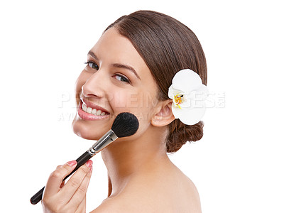 Buy stock photo Makeup, brush and portrait of happy woman in studio with flower, skincare or foundation for skin texture. Dermatology, cosmetics and girl with smile, natural beauty or application on white background