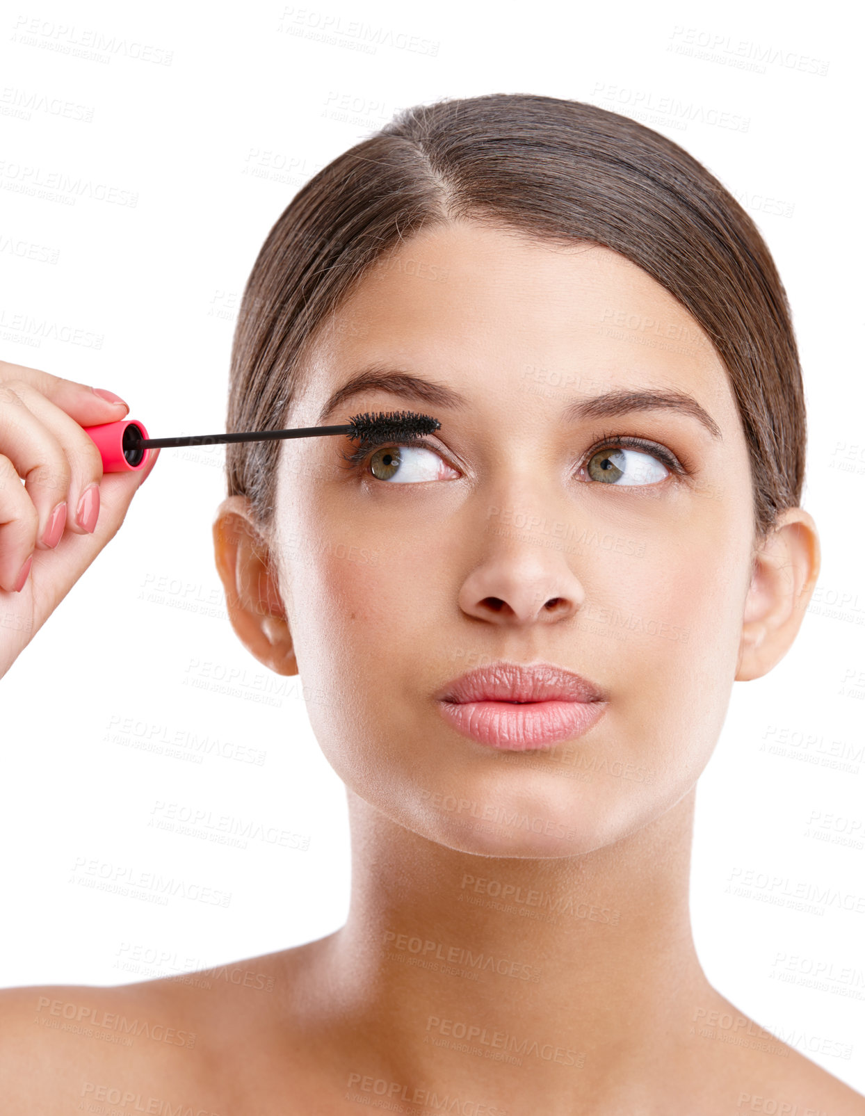 Buy stock photo Makeup, lashes and woman in studio with brush, skincare and relax with beauty treatment. Dermatology, cosmetics and girl with mascara, skin care or eyelash product application on white background