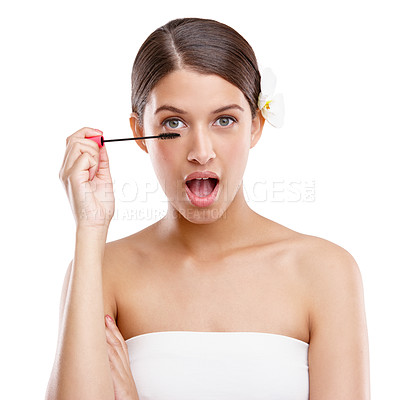 Buy stock photo Makeup, lashes and portrait of woman with brush, skincare and shocked face for beauty in studio. Dermatology, cosmetics and girl with mascara, skin care or eyelash application on white background