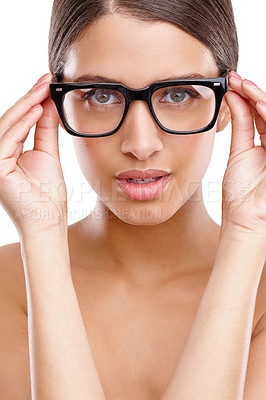 Buy stock photo Studio portrait of a beautiful young woman wearing thick rimmed spectacles