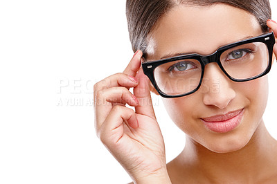 Buy stock photo Studio portrait of a beautiful young woman wearing thick rimmed spectacles
