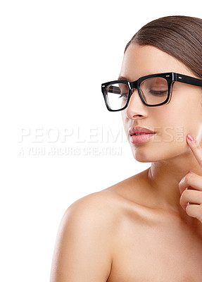 Buy stock photo Studio shot of a beautiful young woman wearing thick rimmed spectacles