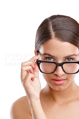 Buy stock photo Beauty, eyewear and frame with portrait of woman in studio isolated on white background for optometry. Aesthetic, glasses and vision with face of model at ophthalmology clinic for prescription lens