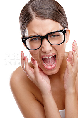 Buy stock photo Glasses, portrait and screaming with woman in studio isolated on white background for reaction to news. Announcement, notification and shock with face of frustrated model shouting in anger or protest