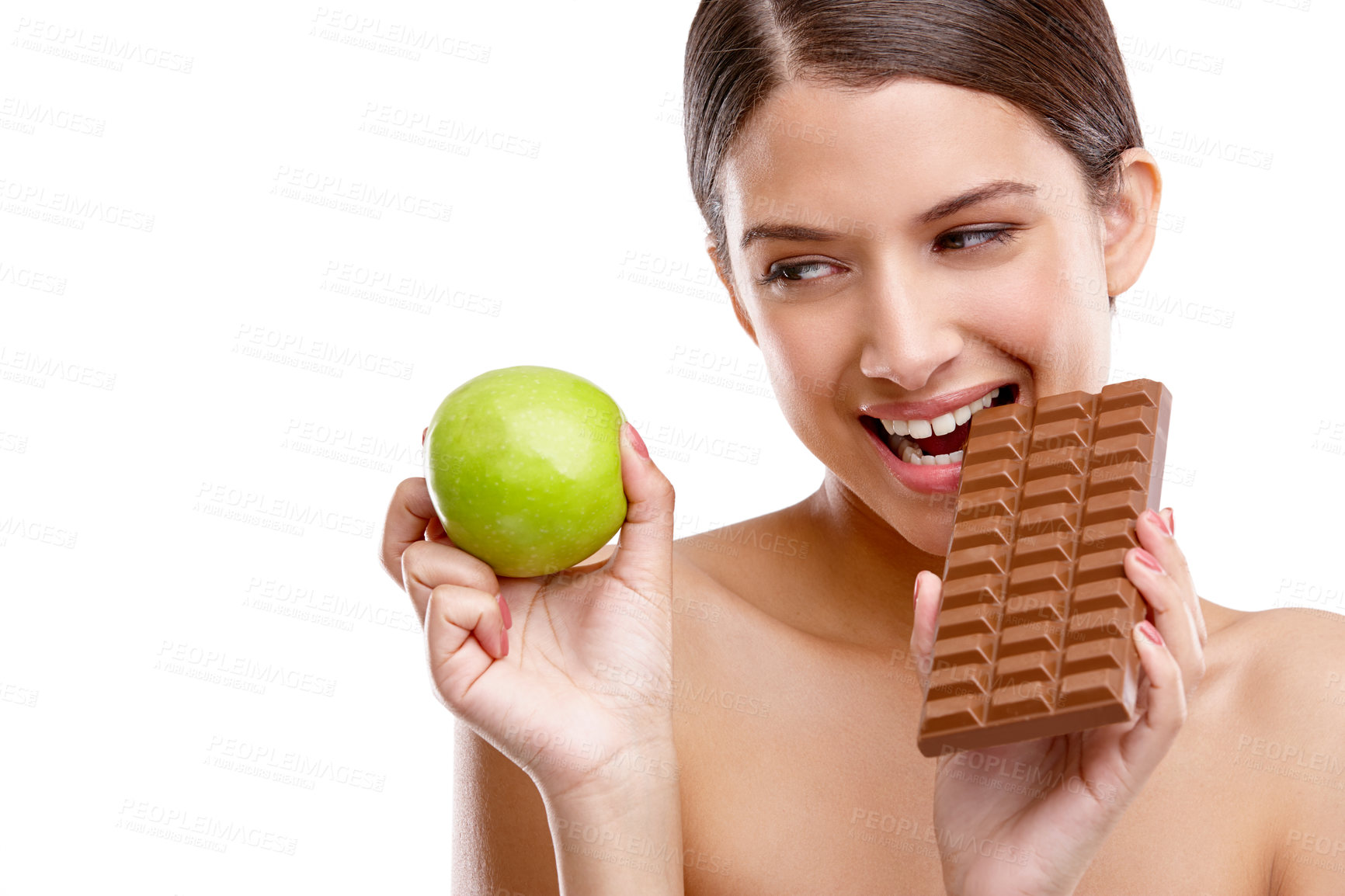 Buy stock photo Chocolate, fruit and smile of woman in studio isolated on white background for sugar craving. Aesthetic, beauty and mockup space with model biting slab for cheating, temptation or unhealthy snack