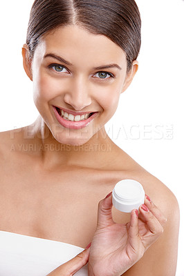 Buy stock photo Woman, skincare cream and studio portrait with jar, smile and serum for benefits by white background. Girl, person and excited model with container, beauty and moisturizer with cosmetics in Italy