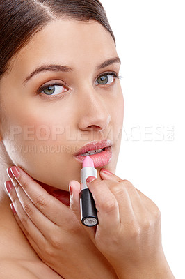 Buy stock photo Lipstick, portrait and skincare with woman in studio isolated on white background to apply cosmetics. Beauty, face and makeup with confident model getting ready backstage for event or showcase