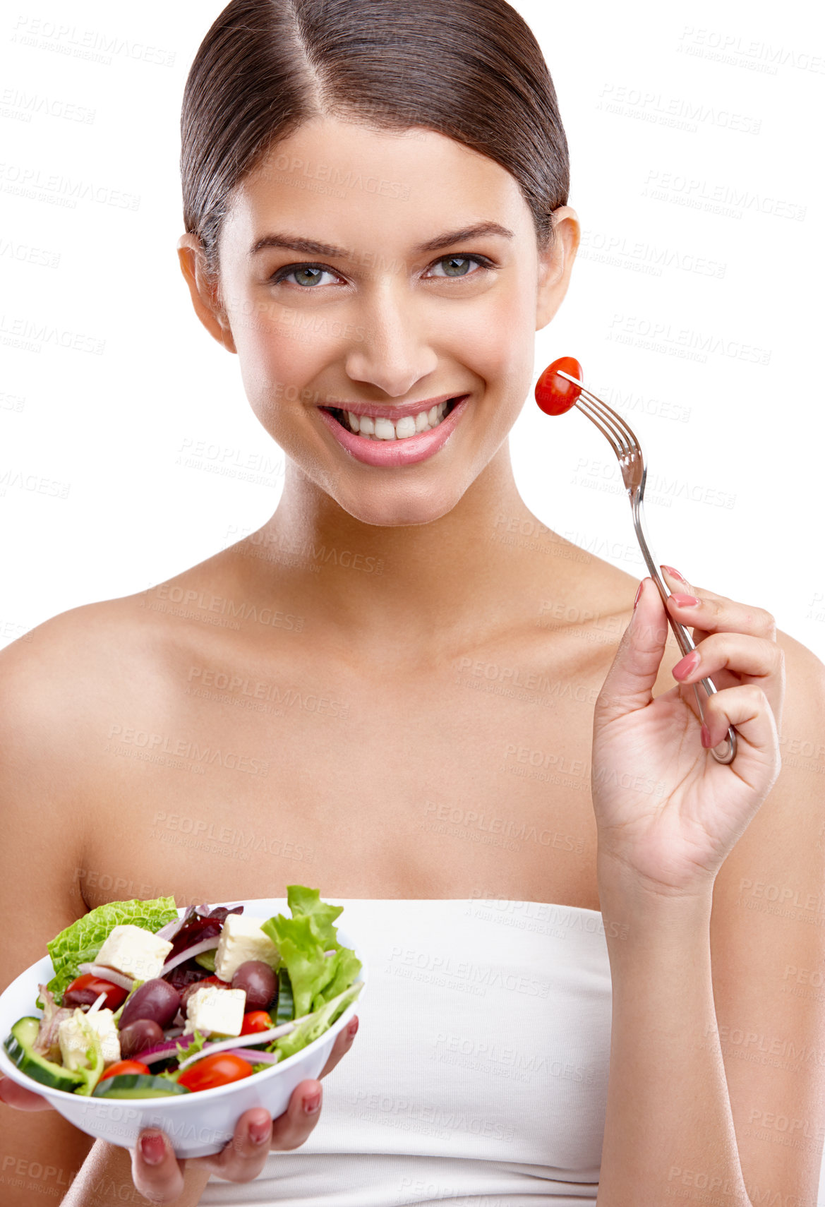 Buy stock photo Portrait, salad and smile of woman in studio isolated on white background for diet, health or nutrition. Face, food and wellness with happy person eating vegan cuisine, meal or snack for weightloss