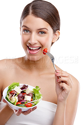 Buy stock photo Happy, portrait and salad with woman in studio isolated on white background for diet, health or nutrition. Food, smile and wellness with face of person eating vegetarian cuisine for losing weight