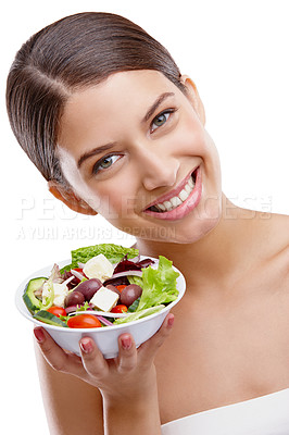 Buy stock photo Woman, salad and studio portrait with eating, health and happy with nutrition by white background. Girl, person and model with lunch, vegetables and food with diet, choice and benefits in Greece