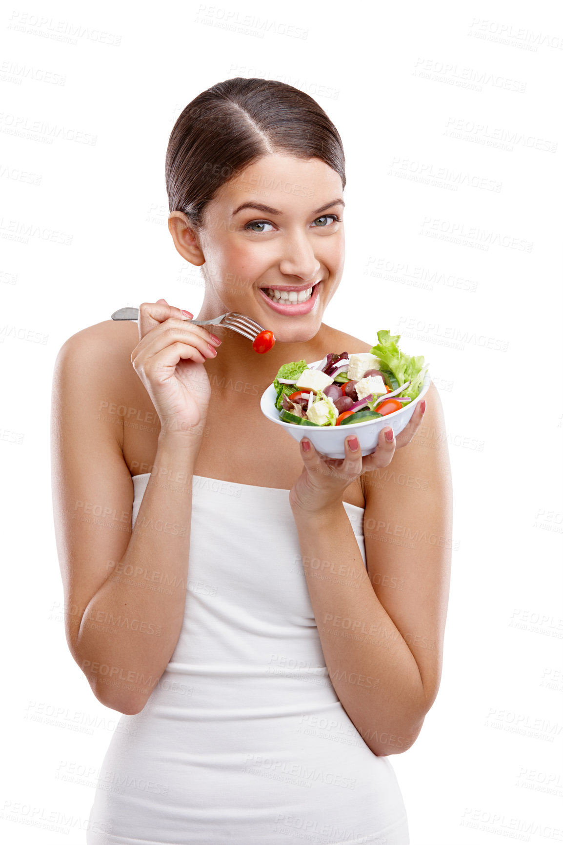 Buy stock photo Woman, salad and studio portrait with smile, health and choice with nutrition by white background. Girl, person and model with lunch, vegetables and food with diet, excited and benefits in Greece