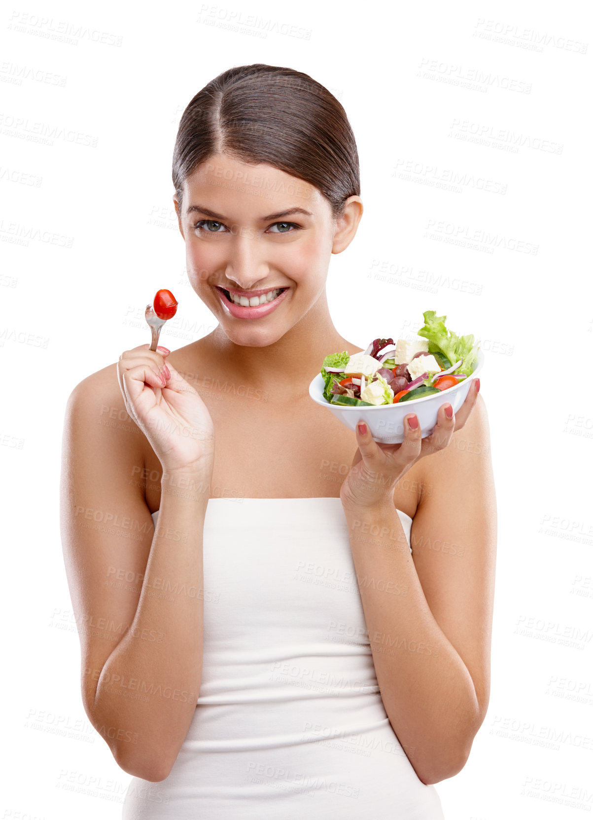 Buy stock photo Woman, salad and happy in studio portrait with health, choice and nutrition by white background. Girl, person and model with lunch, vegetables and food with diet, excited and benefits in Greece