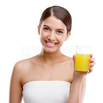 Buy stock photo Skincare, happy woman and portrait in studio with orange juice, detox diet and vitamin C in Portugal. Girl, citrus drink or smile on white background for antioxidants, hydration or vibrant complexion