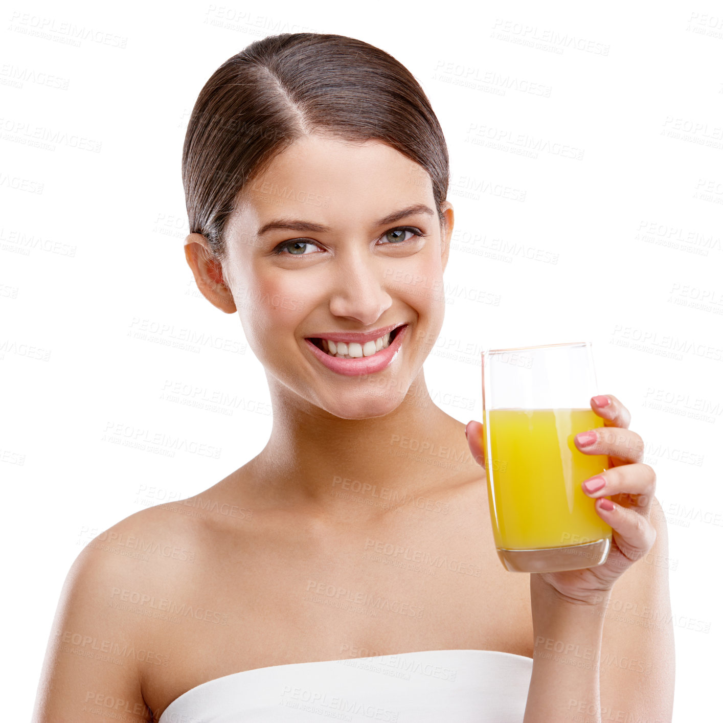 Buy stock photo Skincare, woman or portrait in studio with orange juice, detox diet or vitamin C in Portugal. Girl, organic citrus drink or happy on white background for antioxidants, hydration or vibrant complexion