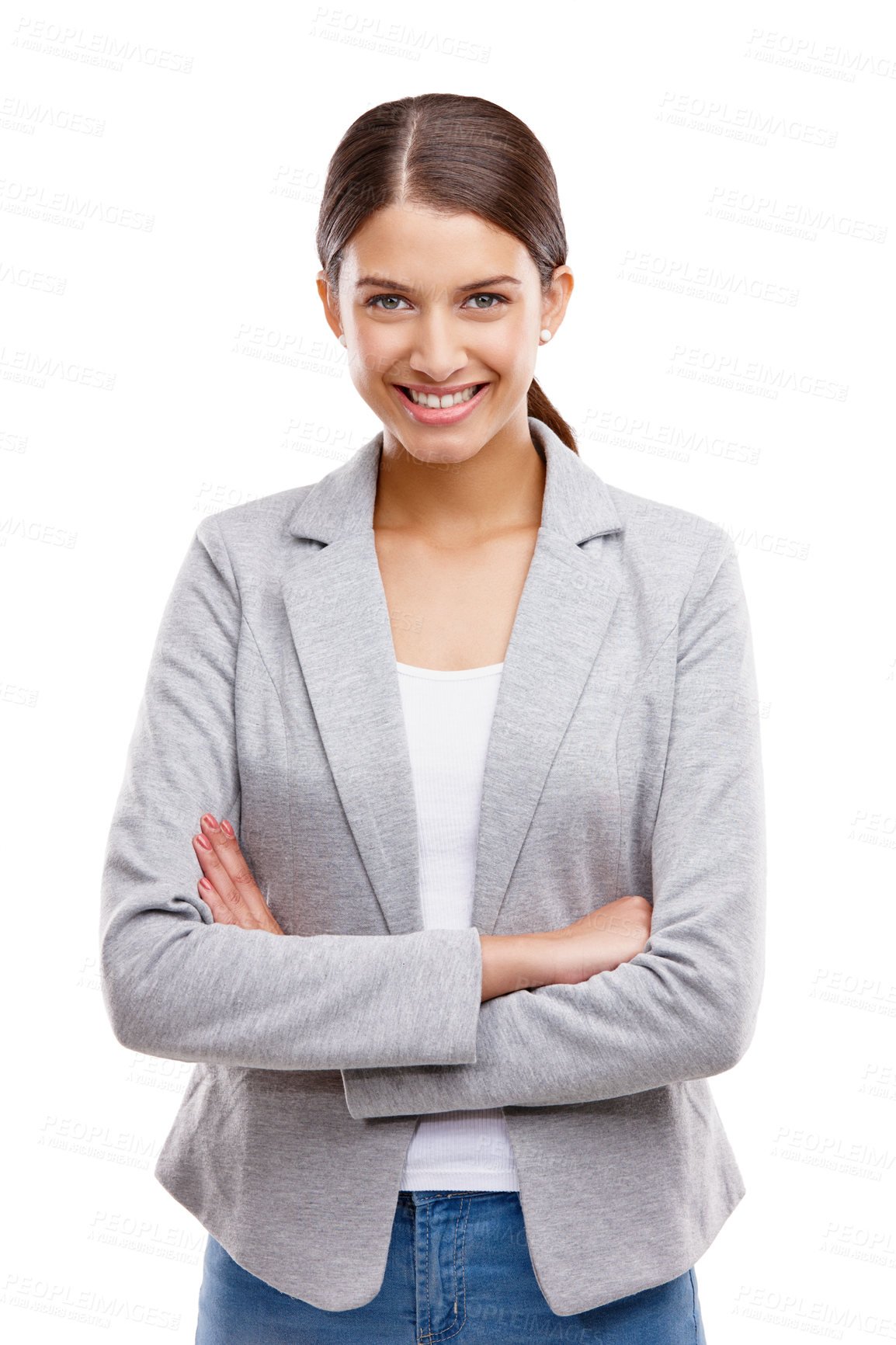 Buy stock photo Crossed arms, happy and portrait of businesswoman in studio with confidence and positive attitude. Smile, career and female financial advisor from Portugal with pride for job by white background.