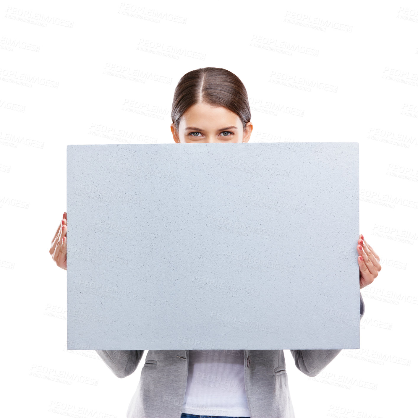 Buy stock photo Poster, business and portrait of woman in studio with card, info and offer presentation in mockup. Space, deal promo and businesswoman with blank sign, announcement or opportunity on white background