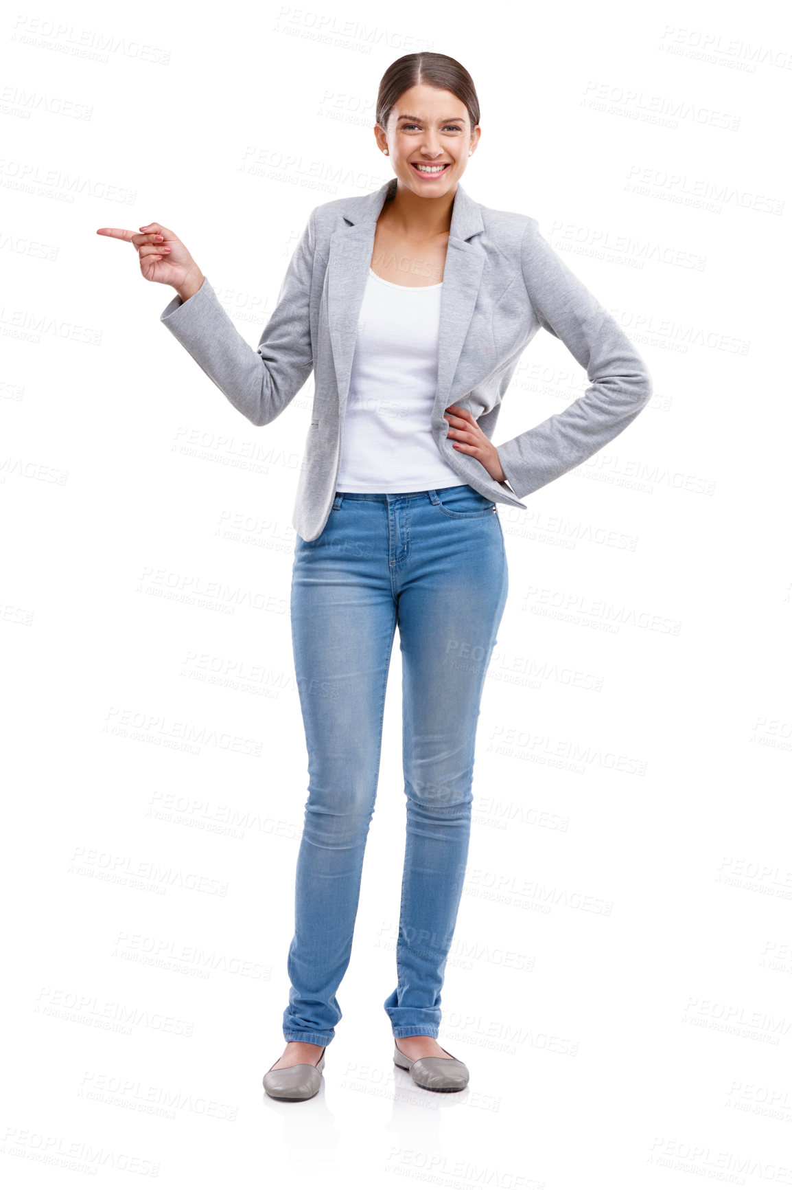 Buy stock photo Smile, pointing and portrait of businesswoman in studio with mockup space for marketing or advertising. Happy, presentation and finance advisor with investment decision or option by white background.