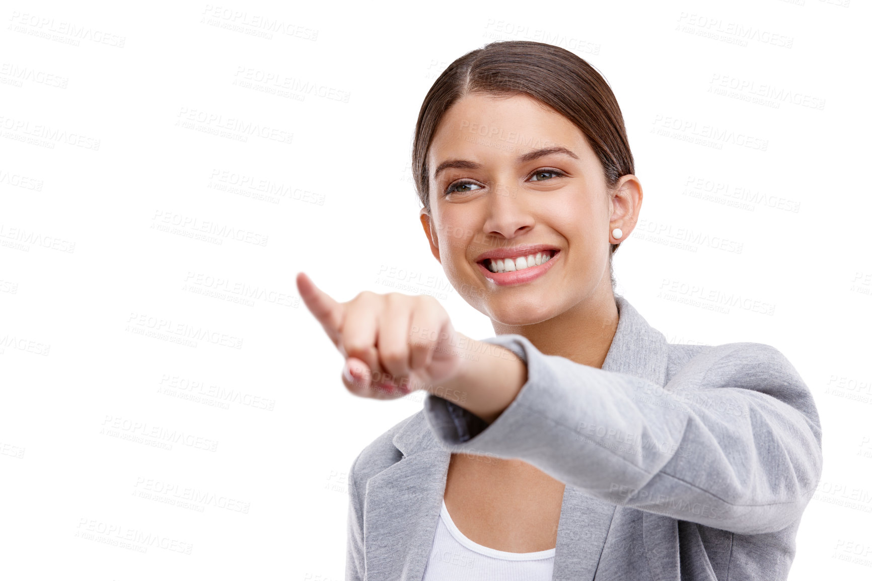 Buy stock photo Smile, pointing and businesswoman in studio with mockup space for marketing, promotion or advertising. Happy, presentation and financial advisor with investment decision or option by white background