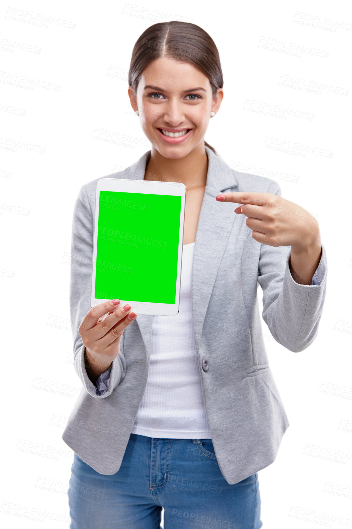 Buy stock photo Happy woman, portrait and pointing with tablet or green screen for advertising or marketing on a white studio background. Young, female person or model with smile, chromakey or technology for mockup