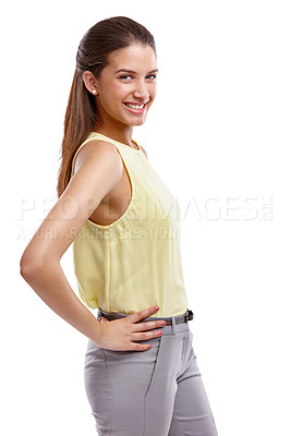 Buy stock photo Studio shot of a confident young woman posing against a white background