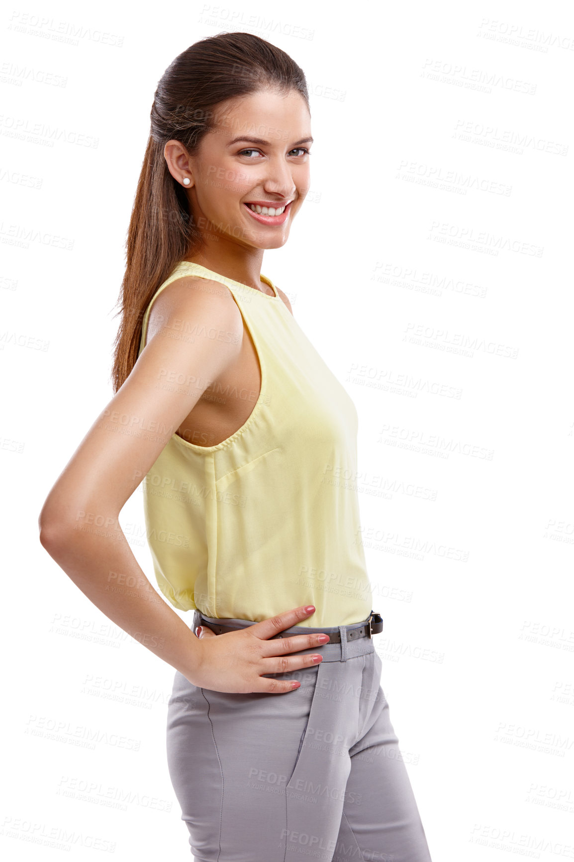Buy stock photo Studio shot of a confident young woman posing against a white background