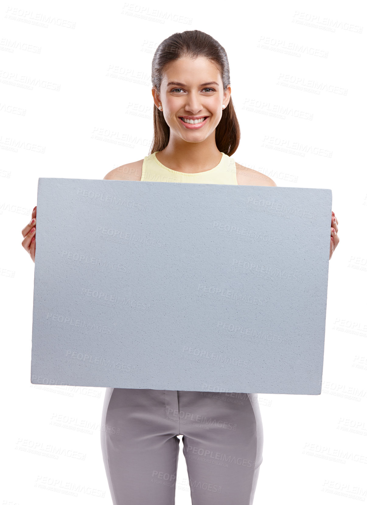 Buy stock photo Poster, space and portrait of woman in studio with card, info and offer presentation in mockup. Smile, deal promo and businesswoman with blank sign, announcement or opportunity on white background