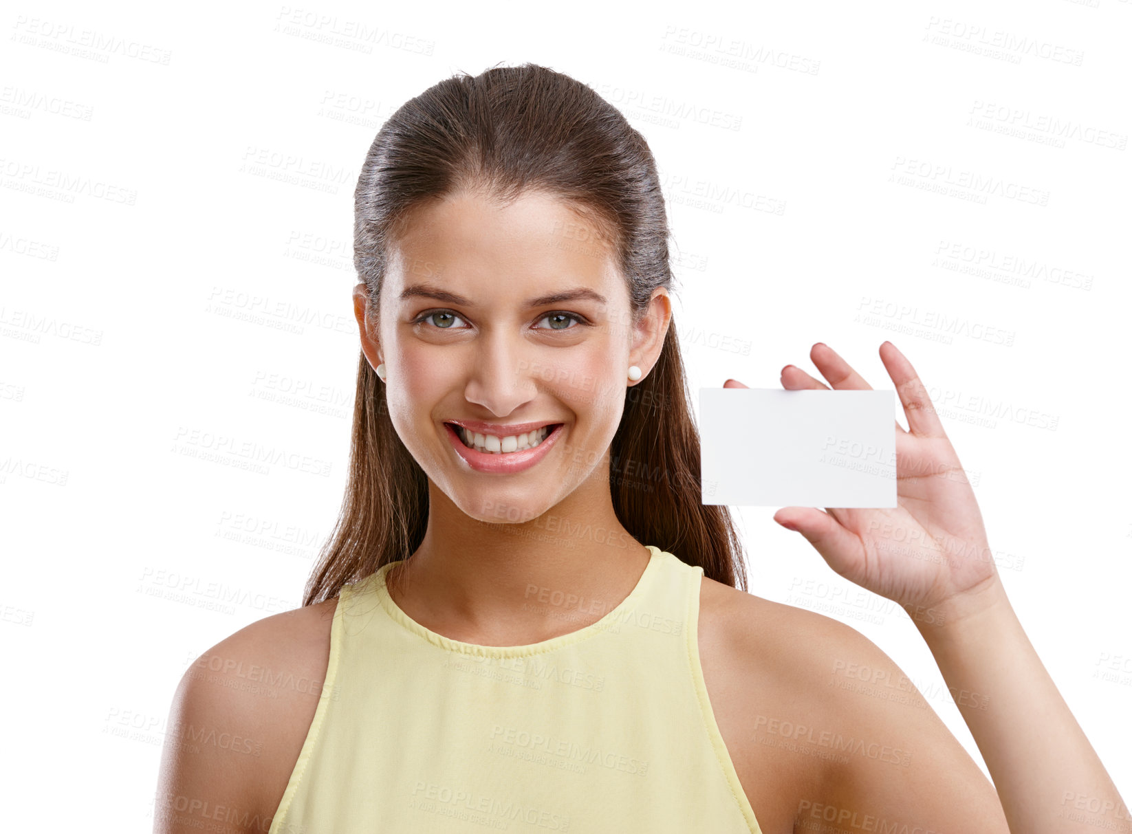 Buy stock photo Happy woman, portrait and business card with sign for contact us, review or advertising on a white studio background. Young, female person or model with smile, poster or paper for company marketing