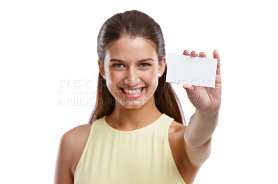 Buy stock photo Happy woman, portrait and business card with poster for contact us, review or advertising on a white studio background. Young, female person or model with smile, sign or paper for company marketing