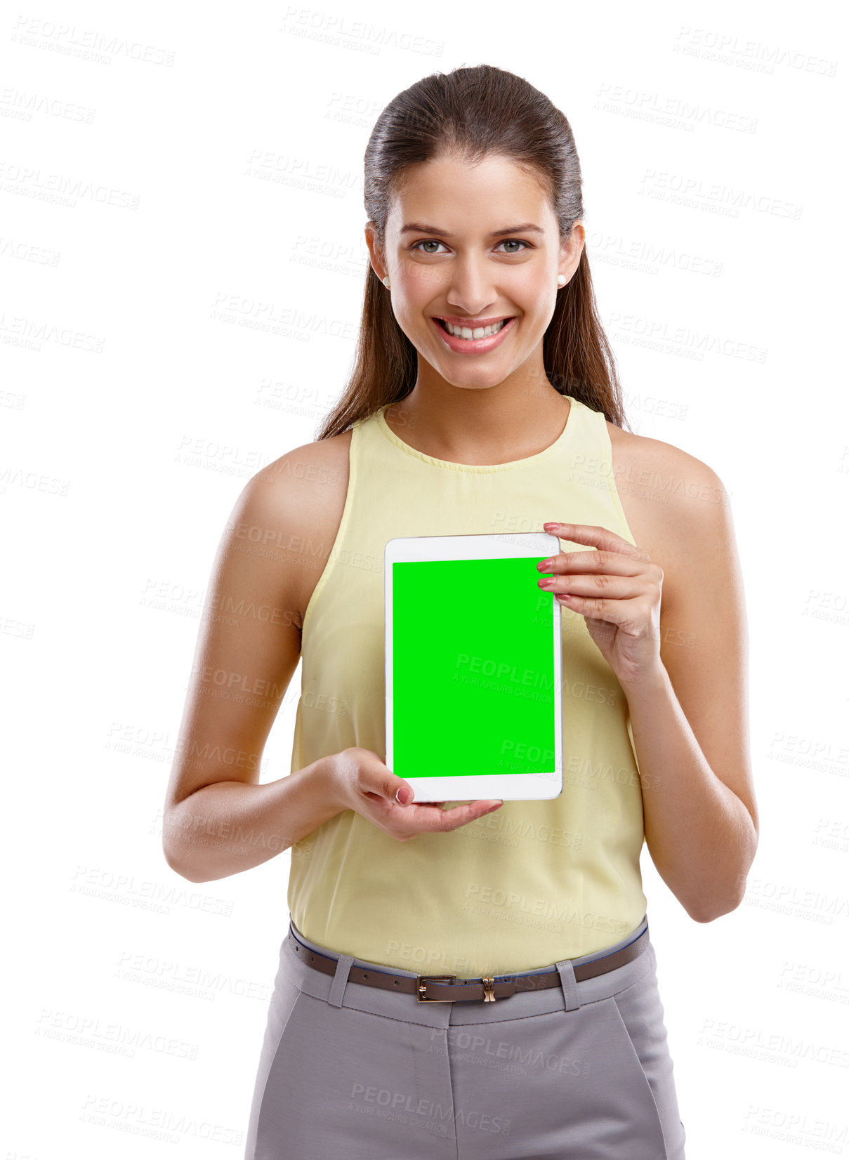 Buy stock photo Happy woman, portrait and tablet with green screen for presentation, advertising or marketing on a white studio background. Young, female person or model with smile, chromakey or technology on mockup