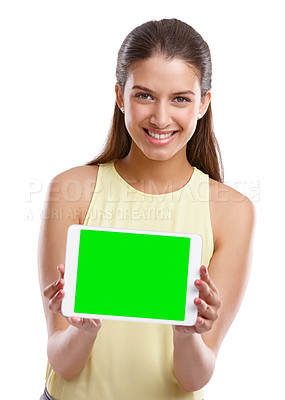 Buy stock photo Happy woman, portrait or green screen with tablet for presentation, advertising or marketing on a white studio background. Young, female person or model with smile, technology or mockup space for app