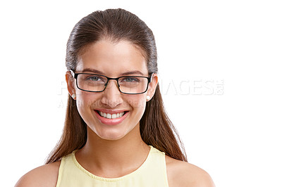 Buy stock photo Studio, portrait and happy woman with glasses for vision, eye care and professional for college. Smile, female person or education consultant with mockup space for teaching, pride or white background