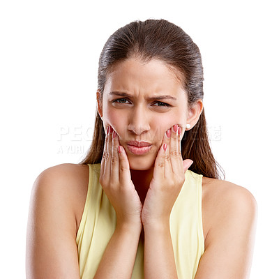 Buy stock photo Studio, portrait and woman with hands for toothache, dental decay and inflammation for infection. Wellness, female person or mouth pain by white background for gum disease, wisdom teeth or gingivitis