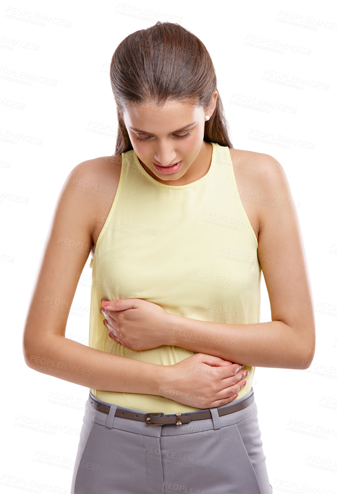 Buy stock photo Studio, woman and hands with pain for tummy, abdominal ache and symptoms of menstrual cramps. Female person, stomach and sick with emergency crisis for endometriosis, appendicitis or white background