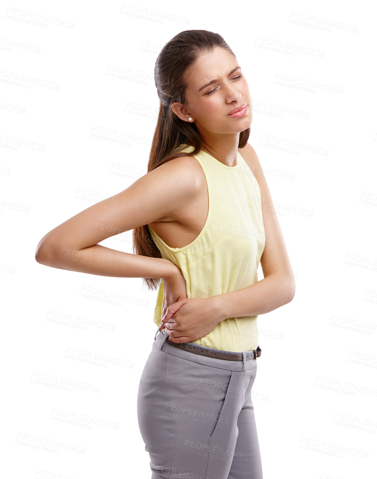 Buy stock photo Posture, fatigue and woman in studio with back pain, ergonomic body ache and burnout. Stress, frustrated and tired businesswoman with muscle injury, cramp massage and isolated on white background