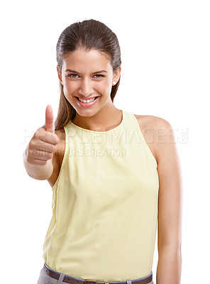 Buy stock photo Happy woman, portrait and positive feedback with thumbs up in studio for good job on a white background. Young, female person or model with smile, like emoji or yes sign for OK, review or well done