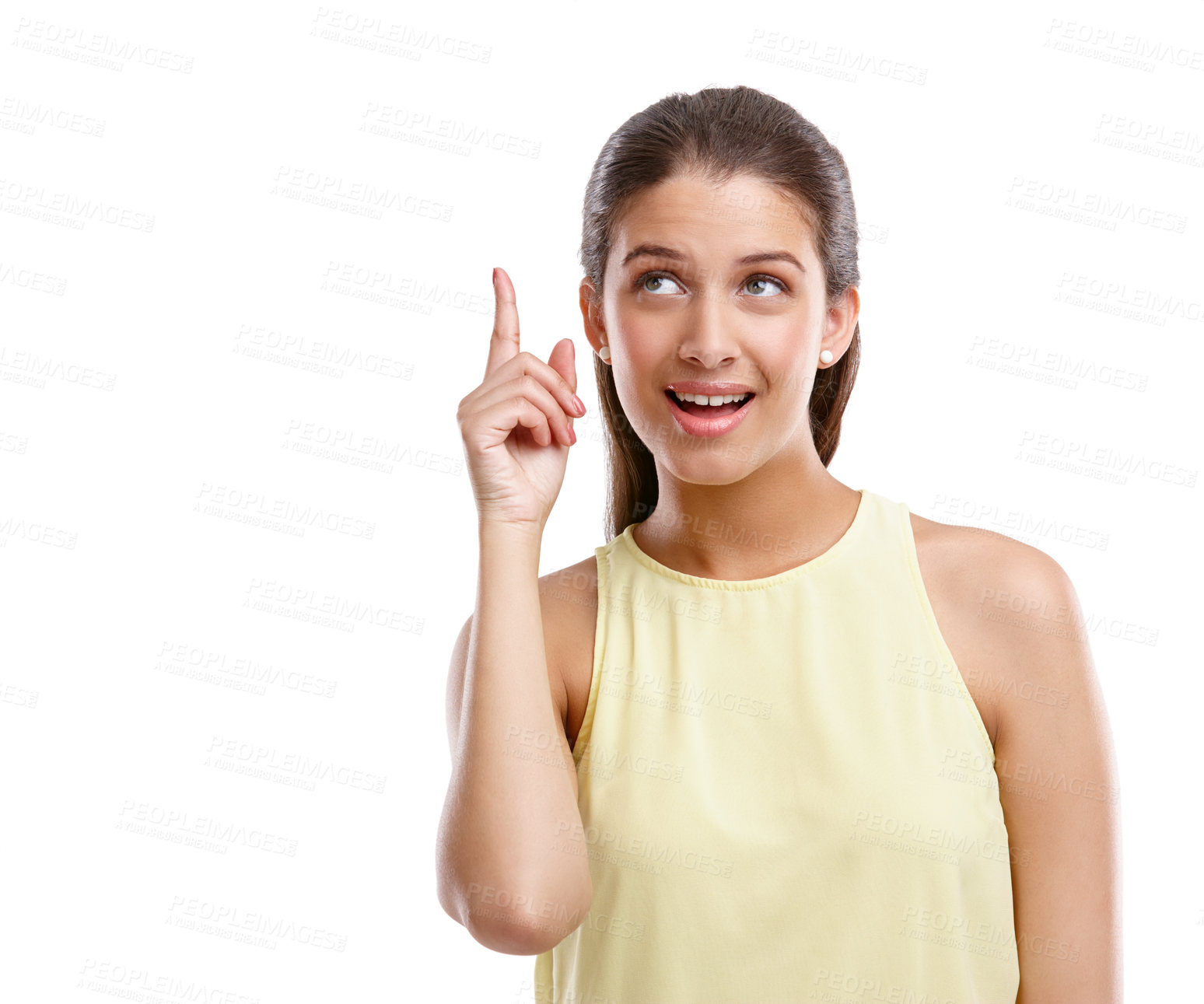 Buy stock photo Woman, thinking and pointing up in studio with smile for announcement, presentation and direction. Idea, happy and female person with gesture by white background for information, news and decision