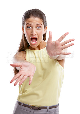 Buy stock photo Studio shot of a beautiful young woman extending her arms in gesture against a white background