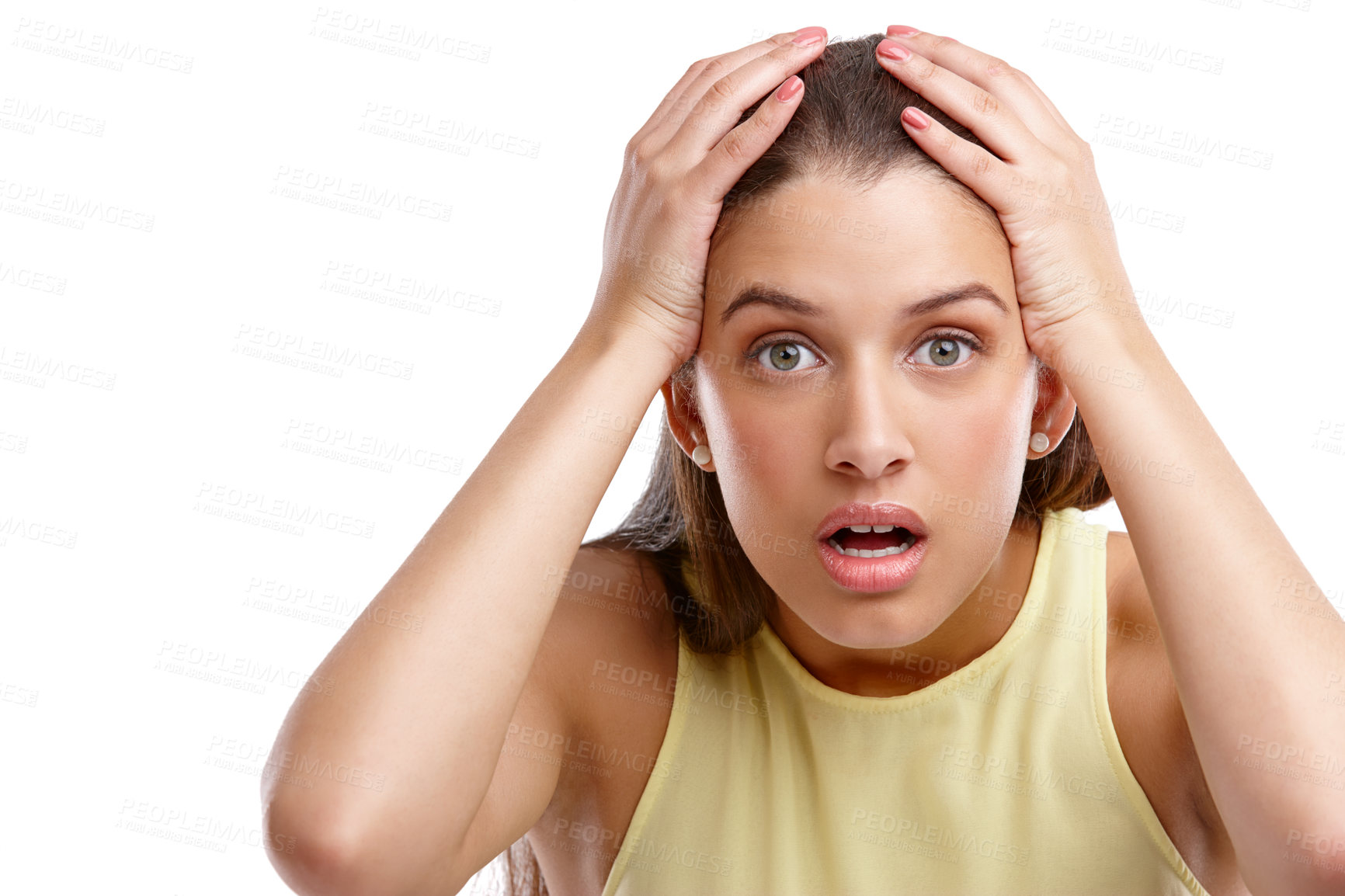 Buy stock photo Shocked, woman and portrait with hands on head in studio for bad news, anxiety and panic attack. Surprise, emoji and female person with stress by white background for problem, announcement and fear